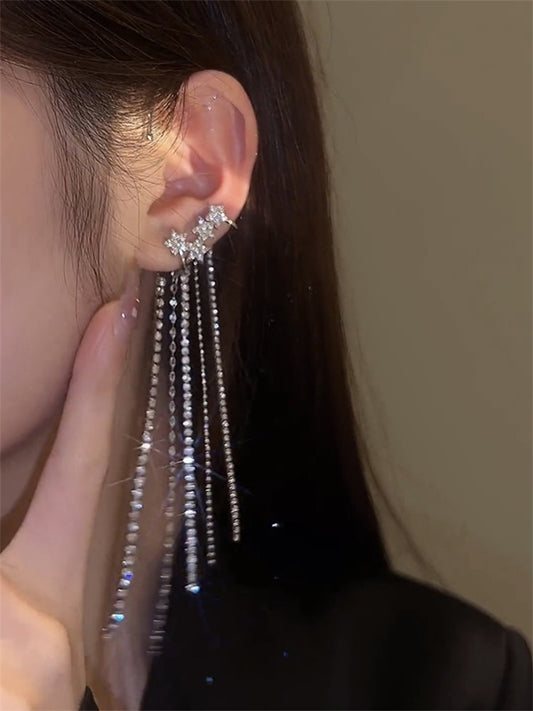 Fashion Sparkling Long Tassel Crystal Stars Ear Clip Without Piercing Exquisite Light Luxury Jewelry