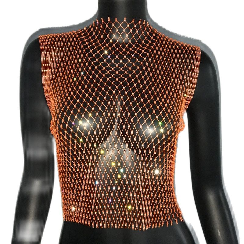 Sexy Diamonds Mesh Cropped Tank Top Cover Up Bikini See Through