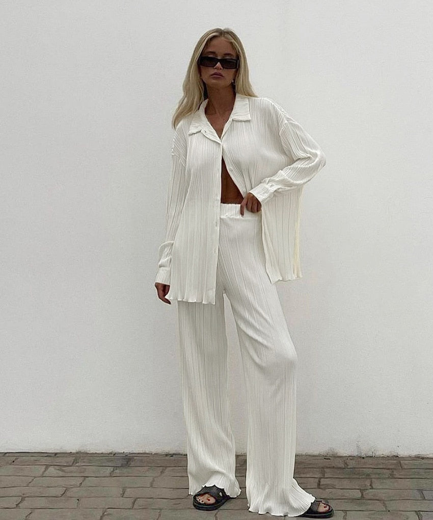 Long Sleeve Shirt Tops and Wide Leg Pants Elegant Tracksuit Two Piece Set