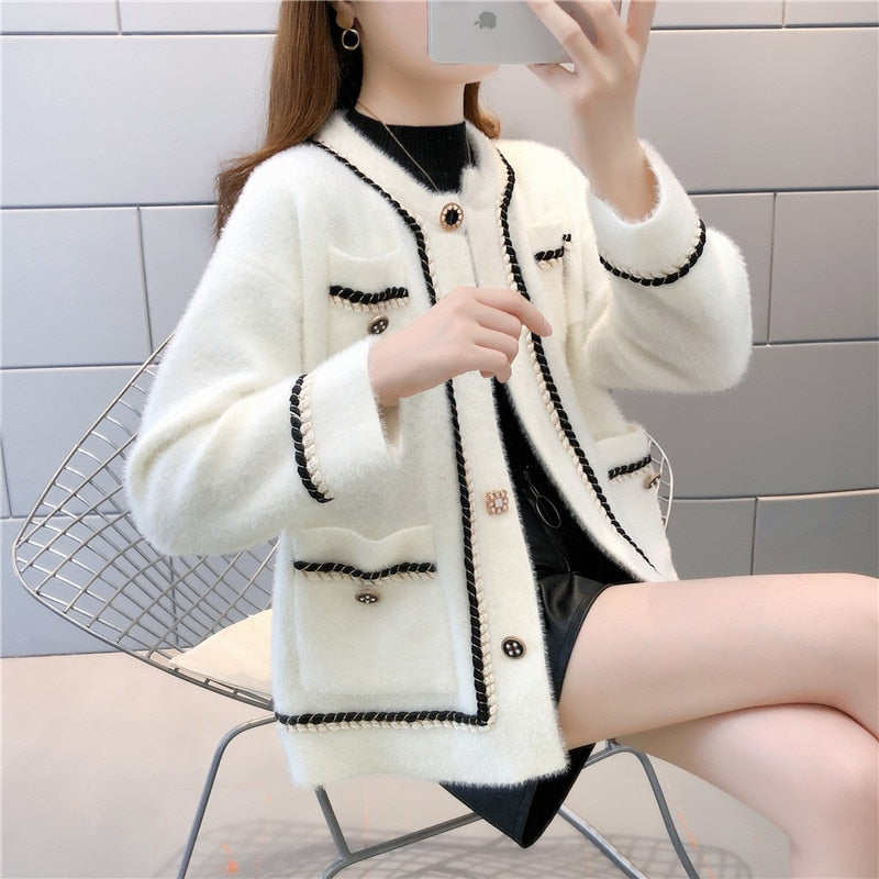 Mink Cashmere Loose Sweater Cardigan Jacket Women Autumn and Winter Bright Silk Stripe Thicken Short Knitted Coat Top