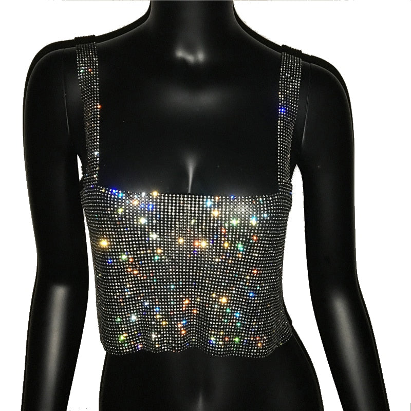 Fashion Solid Backless Straps Full Diamonds Sequins Cami Cropped Top