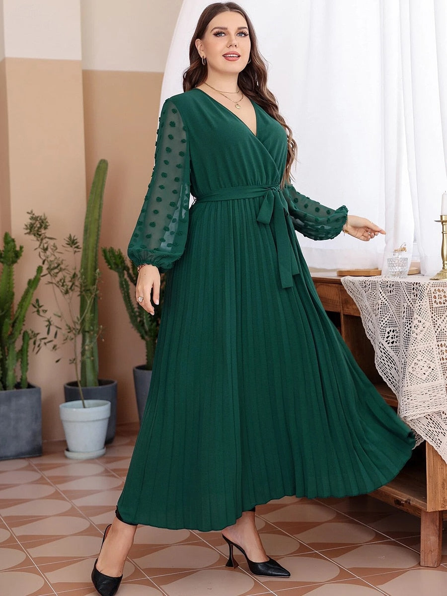 V Neck Lace Mesh See Through Long Sleeve Chiffon Pleated High Waist Maxi Long Dresses