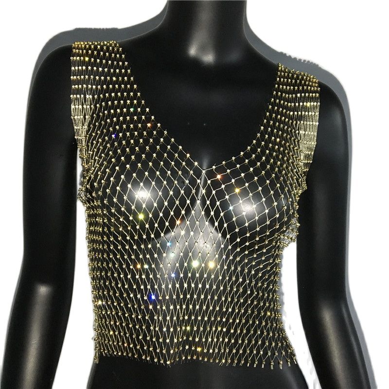 Sexy Diamonds Mesh Cropped Tank Top Cover Up Bikini See Through