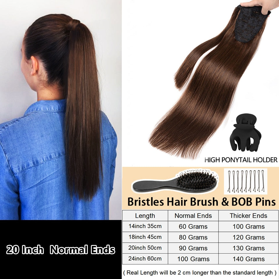 Ponytail Human Hair Remy Ponytail Hair Extension Wrap Around Natural Real Hair Straight