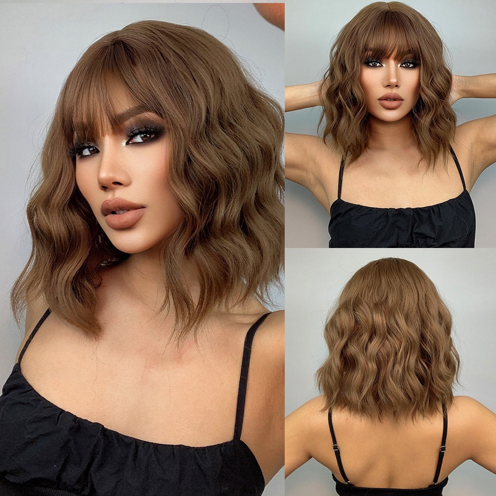 Ombre Brown Synthetic Wigs Short Wavy Bob Wig  with Bangs Body Lolita Natural Hair Heat Resistant