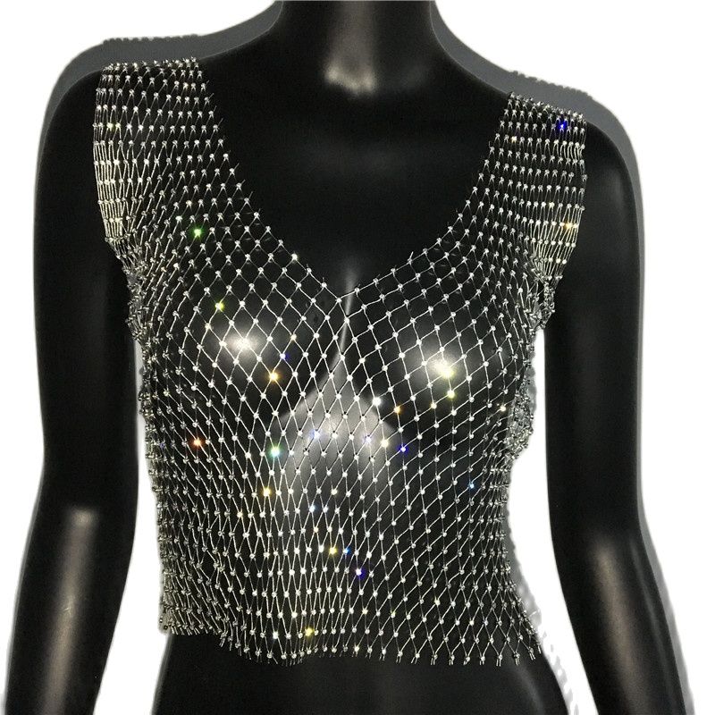 Sexy Diamonds Mesh Cropped Tank Top Cover Up Bikini See Through