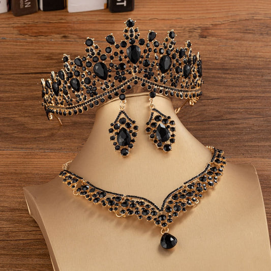 Fashion Black Color Crystal Bridal Tiaras Crown Earrings Choker Necklace Wedding Jewelry Set