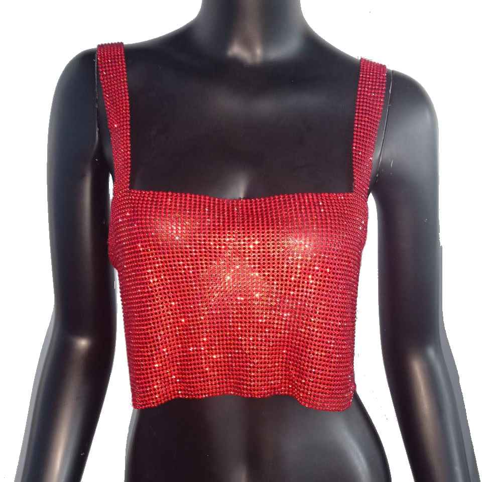 Fashion Solid Backless Straps Full Diamonds Sequins Cami Cropped Top