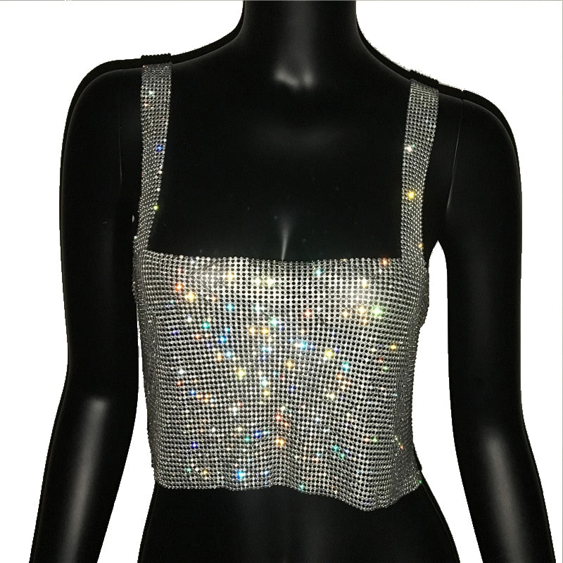 Fashion Solid Backless Straps Full Diamonds Sequins Cami Cropped Top