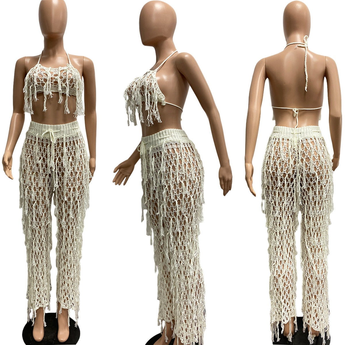 Knit Rib Tassel 2 Piece Set Sexy Fishnet Halter Lace Up Crop Top + Pants See Through