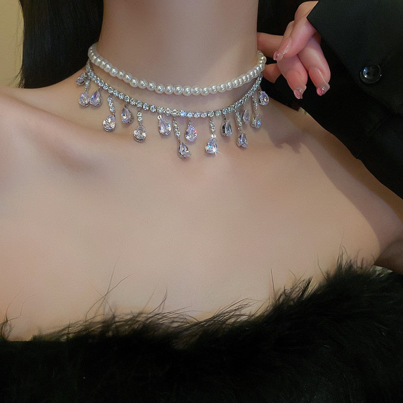 Luxury Pearl Choker Necklaces Tassel Water Drop Zircon Crystal Necklaces Banquet Jewelry