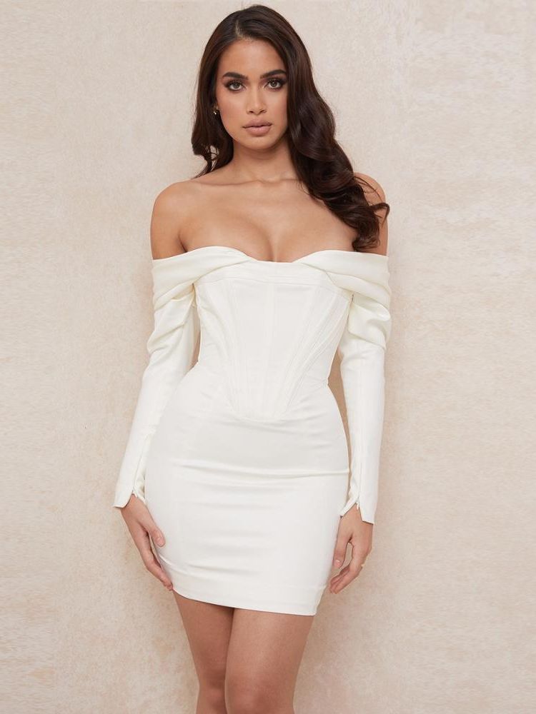 Mini Bodycon Off Shoulder White  Long Sleeves Dress