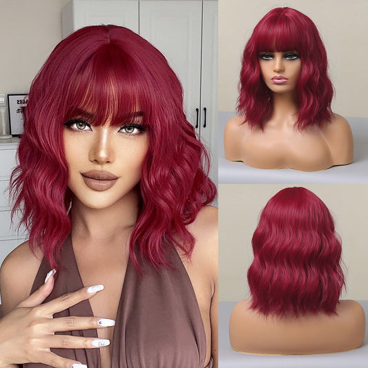 Red Synthetic Wigs Short Wavy Bob Wig  with Bangs Body Lolita Natural Hair Heat Resistant