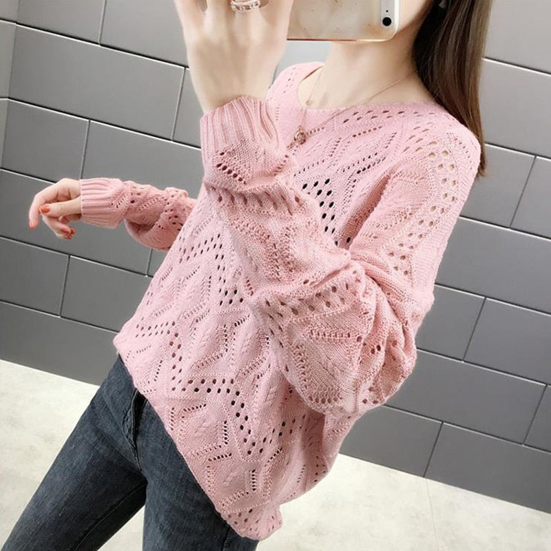 Korean Style Sweet Solid V-neck Hollow Out Jumper Sweater