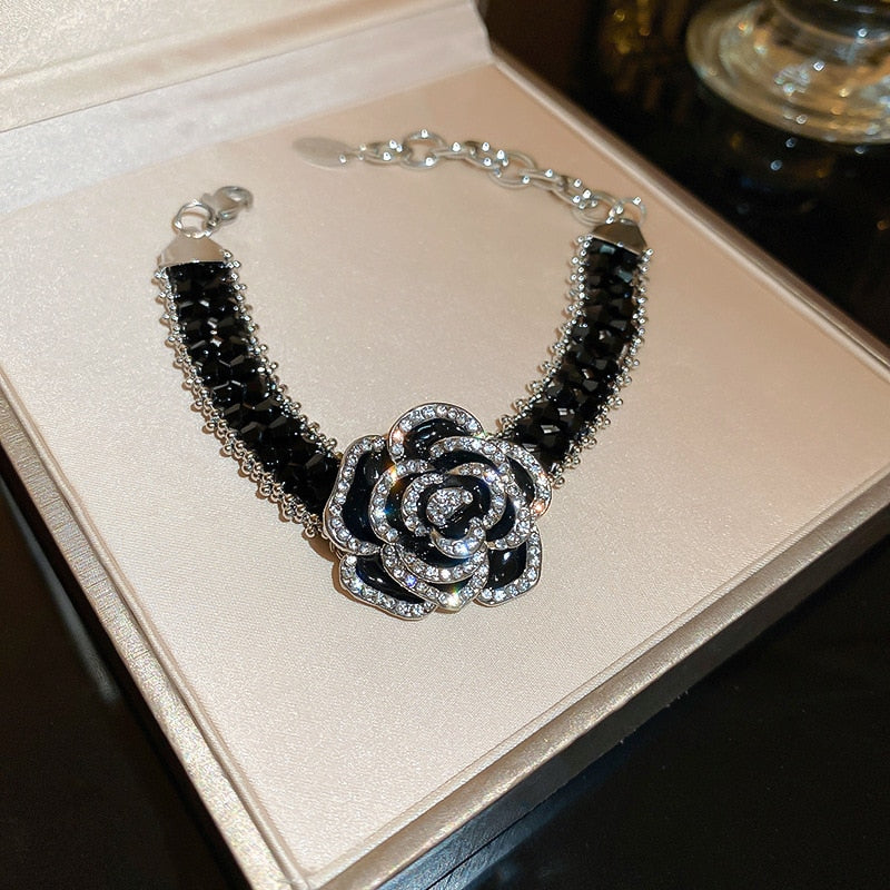 Black Crystal Rhinestone Camellia Flower  Bangle Luxury OL Bracelets necklace earring Jewelry