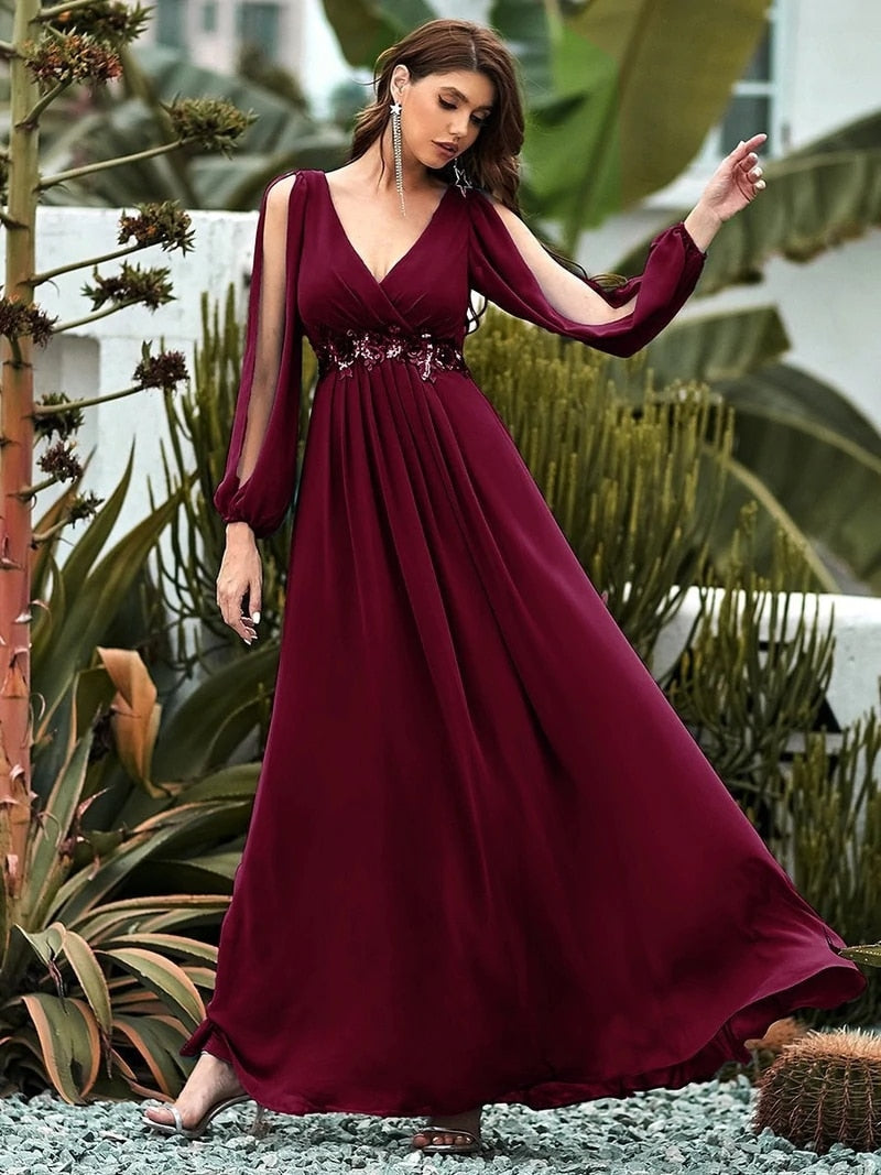 Elegant Evening Dresses Chiffon Long A-LINE long sleeves V-neck