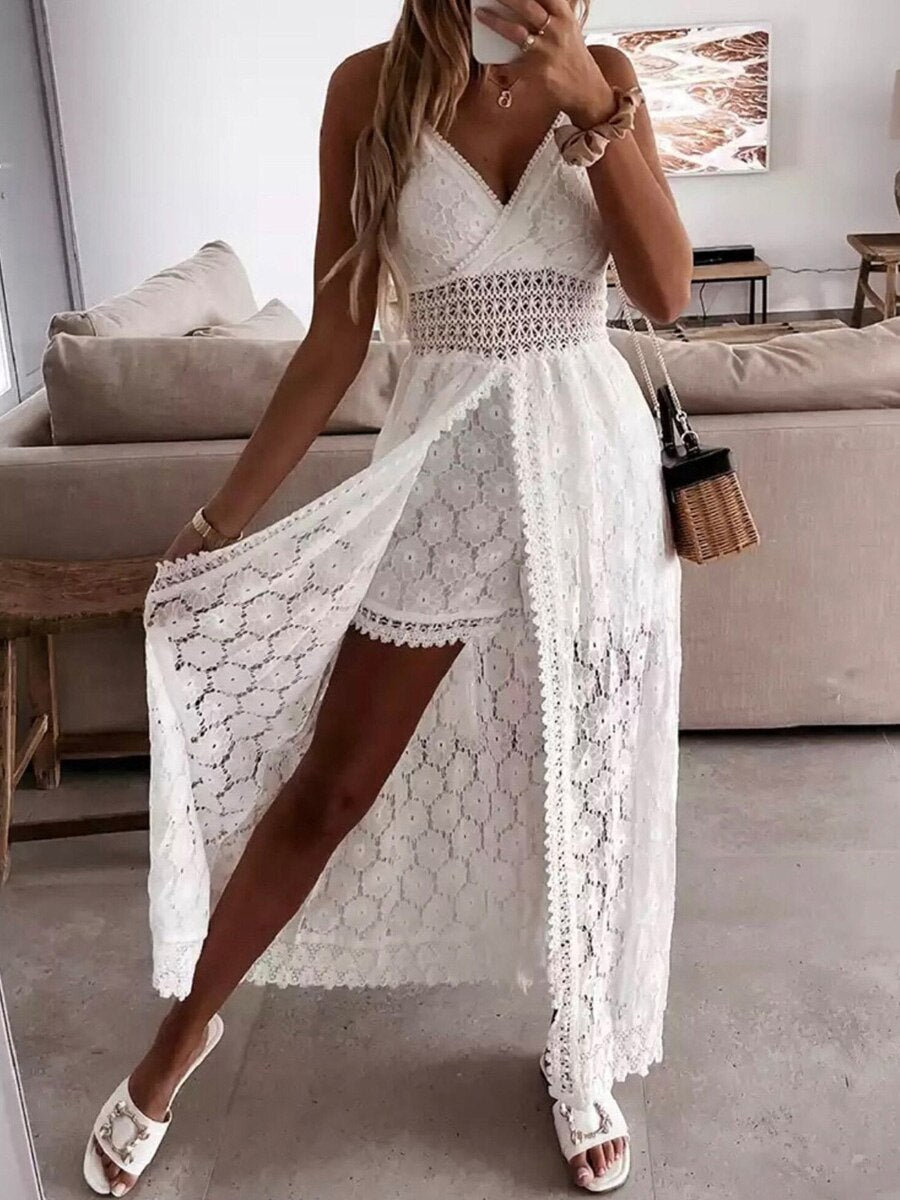 Suspender Playsuit Dress Casual Sleeveless Hollow Out Floral Lace Sling Sundress Party Street Beach Outfit