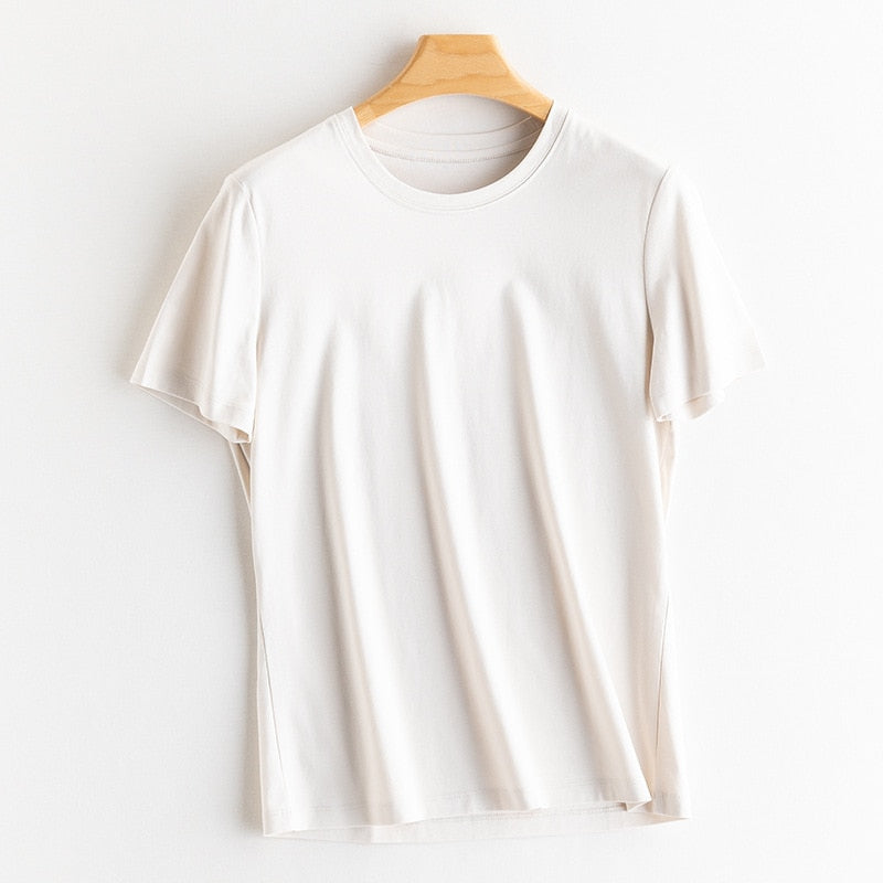 Solid T shirts Silk Cotton Blend Plain O neck Short Sleeved Tee