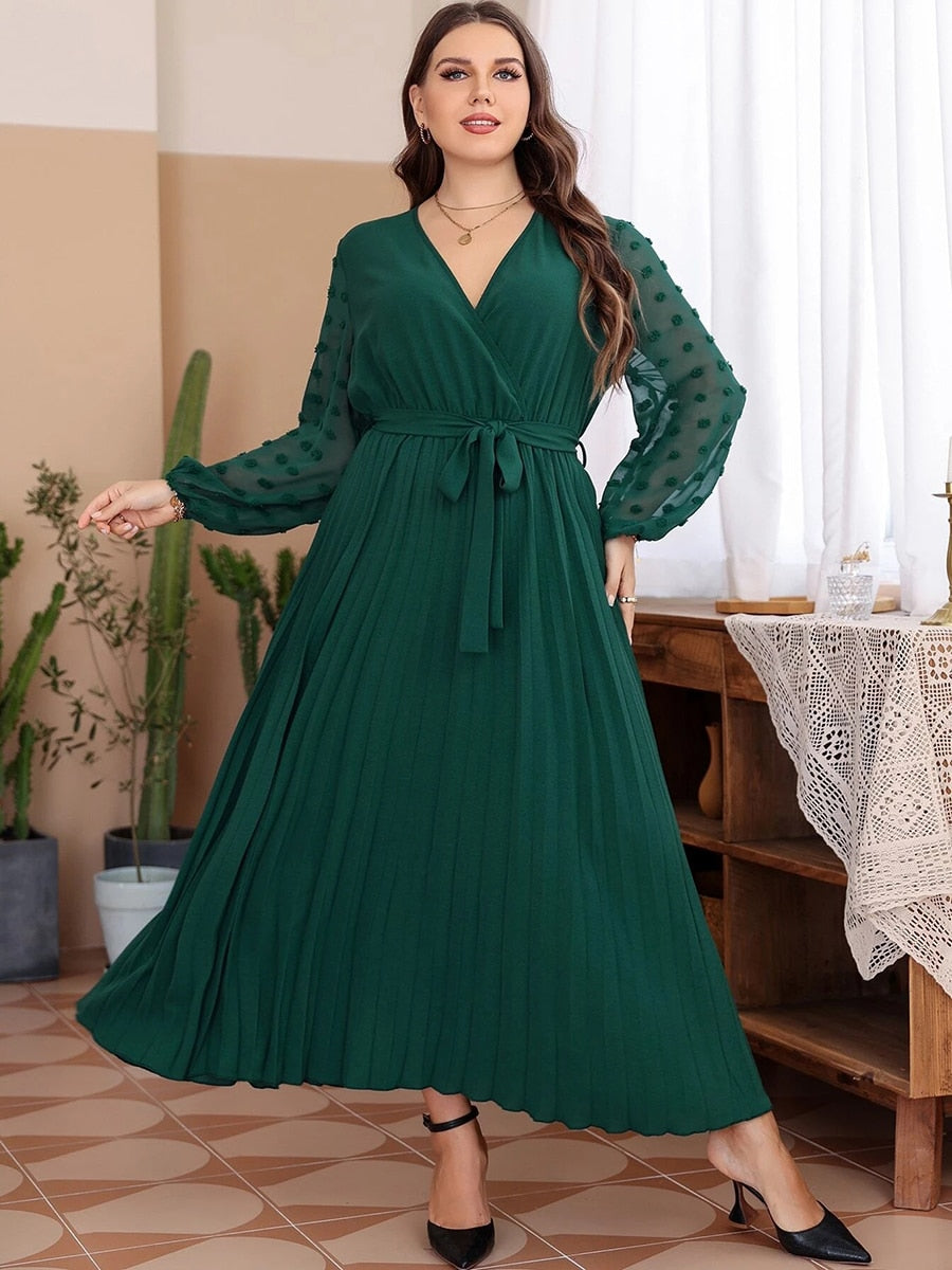 V Neck Lace Mesh See Through Long Sleeve Chiffon Pleated High Waist Maxi Long Dresses