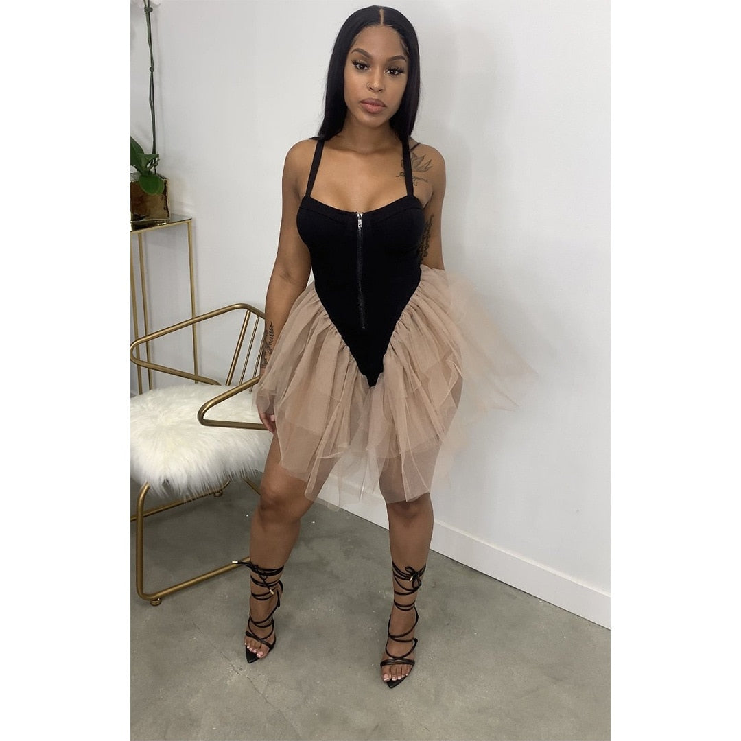 Sheer Mesh Patchwork Bodysuit Rompers Sexy Zipper Spaghetti Strap Backless Bodycon Jumpsuit