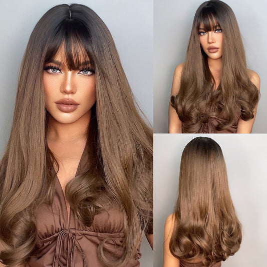 Long Wavy Synthetic Wigs With Long Bangs Brown Natural Hair Wig Heat Resistant Fiber Wig