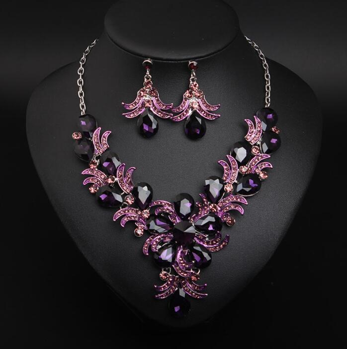 Dazzling purple jewelry necklace, bridal wedding set jewelry diamond alloy drop necklace