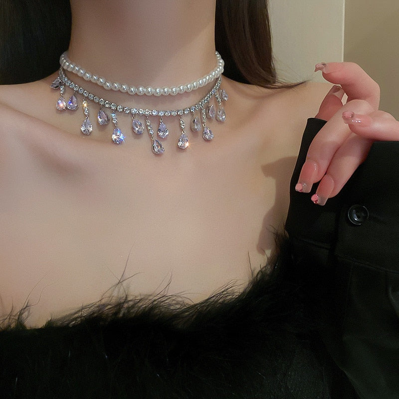 Luxury Pearl Choker Necklaces Tassel Water Drop Zircon Crystal Necklaces Banquet Jewelry