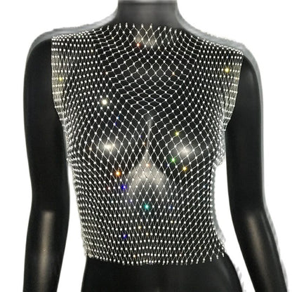 Sexy Diamonds Mesh Cropped Tank Top Cover Up Bikini See Through