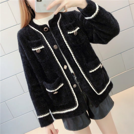 Mink Cashmere Loose Sweater Cardigan Jacket Women Autumn and Winter Bright Silk Stripe Thicken Short Knitted Coat Top