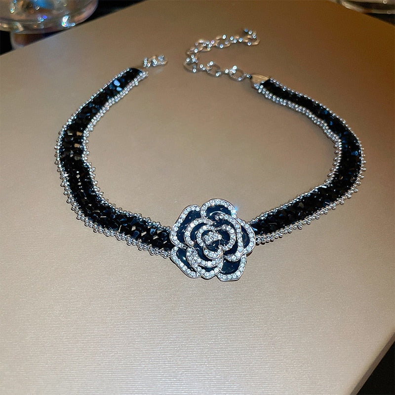 Black Crystal Rhinestone Camellia Flower  Bangle Luxury OL Bracelets necklace earring Jewelry