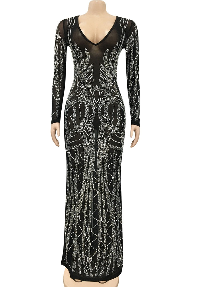 Deep V Neck Mesh Patchwork Sequin Maxi Dress