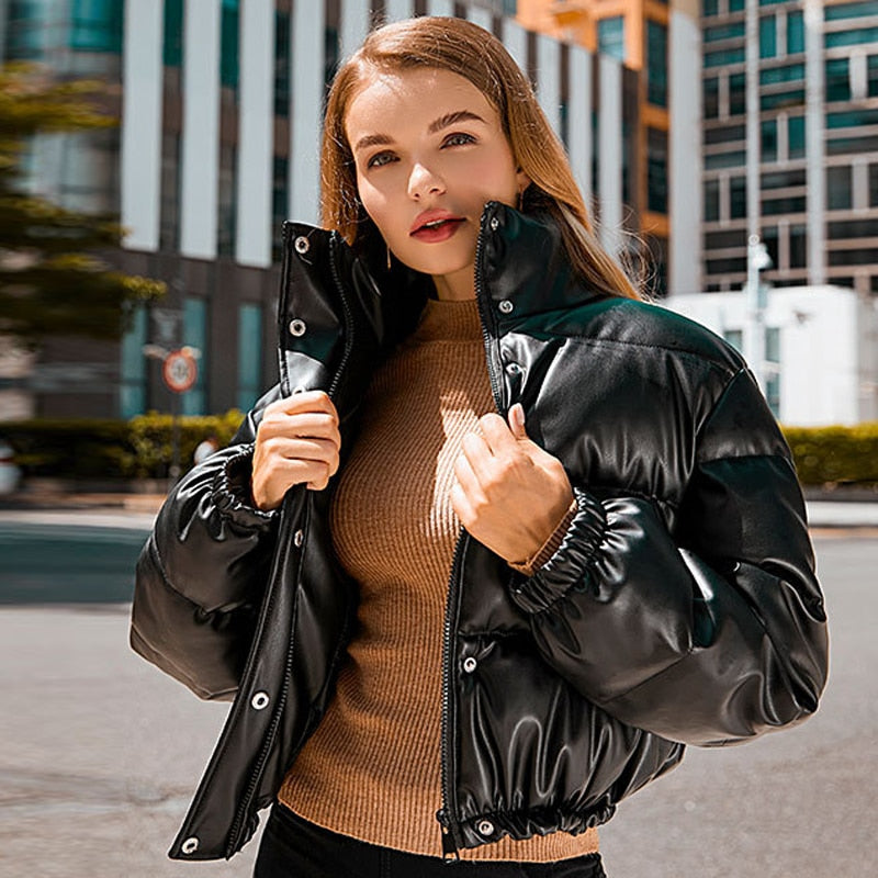 Winter Warm Thick PU Leather Coats Women Short Parkas Fashion Black Cotton Padded Lady Down Jacket