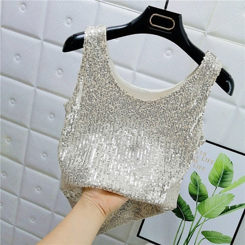 Sparkling Sequins Round Neck Vest  Bright Silk Fashion Glitter Bottoming Shirt Suspender Top