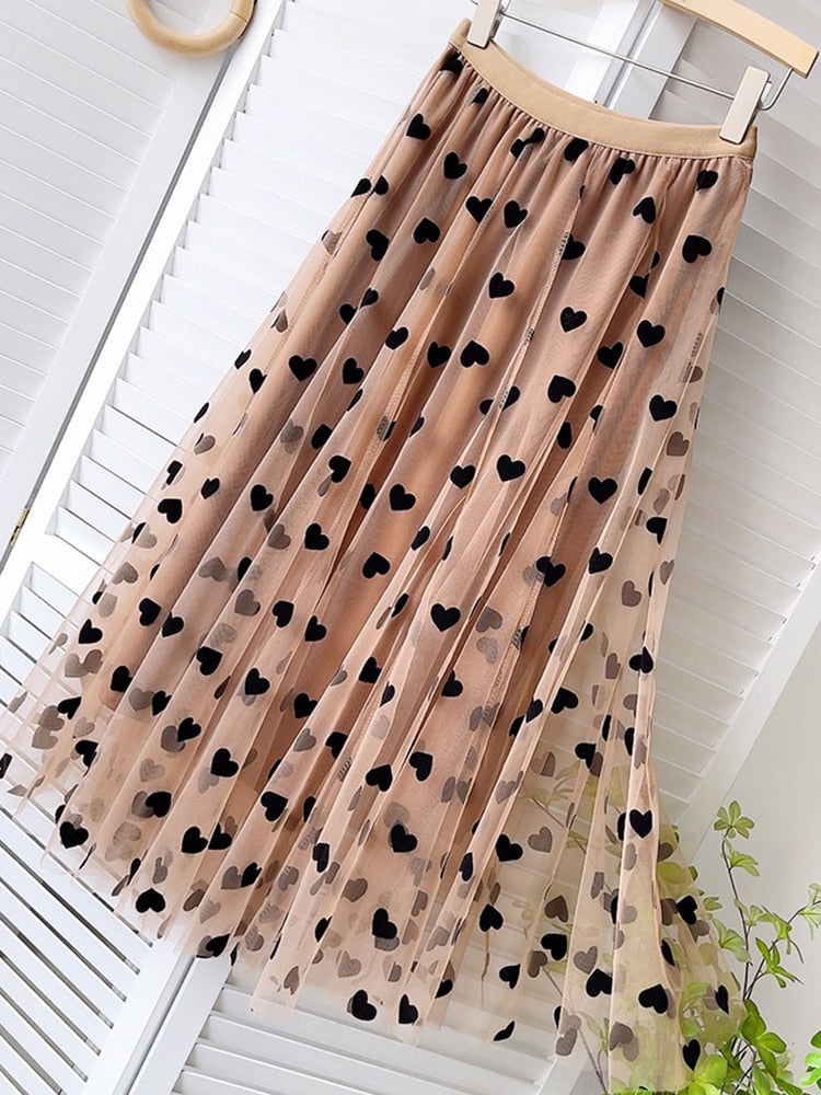 Tulle Maxi Skirt Women Cute Heart Pattern Flocking Mesh Big Hem High Waist Long Skirt