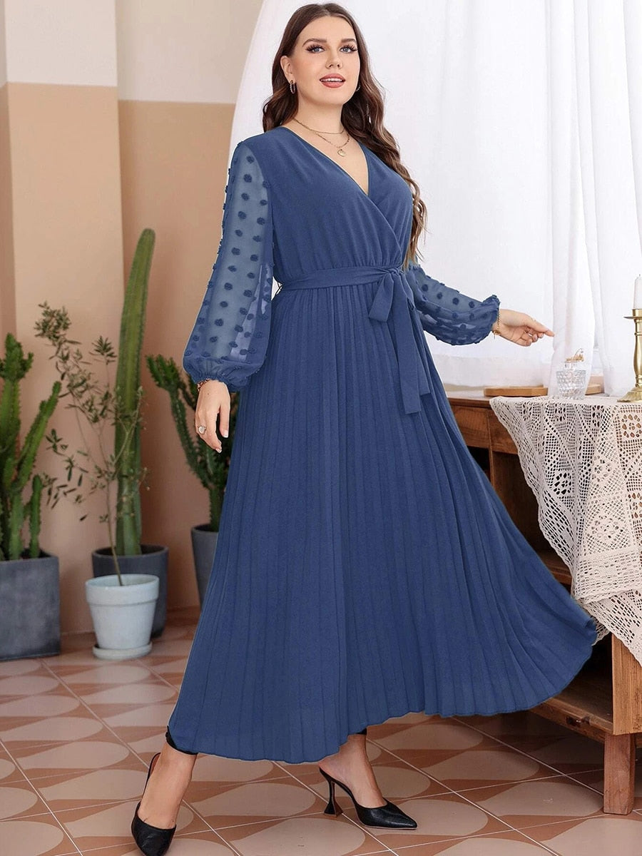 V Neck Lace Mesh See Through Long Sleeve Chiffon Pleated High Waist Maxi Long Dresses