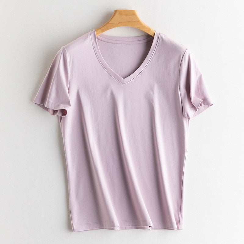 Solid T shirts Silk Cotton Blend Plain O neck Short Sleeved Tee