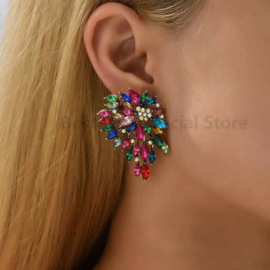 Big Vintage Ear Stud Earrings Hollow Out Metal Luxury Colorful Crystal Irregular Elegant Jewelry