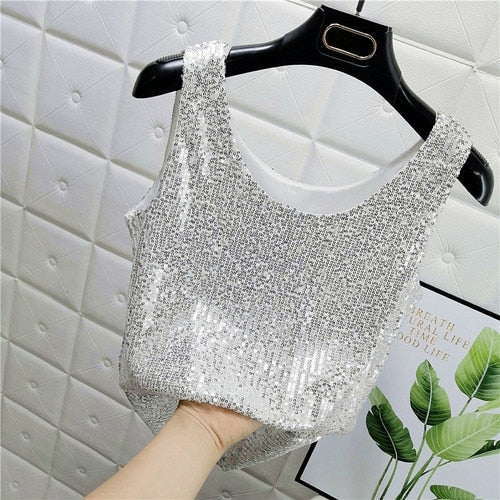 Sparkling Sequins Round Neck Vest  Bright Silk Fashion Glitter Bottoming Shirt Suspender Top