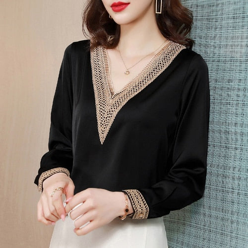 Long Sleeve Blouse Women Blusas Mujer De Moda V-Neck Solid Chiffon Blouse Shirt