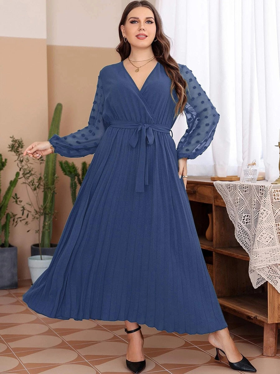 V Neck Lace Mesh See Through Long Sleeve Chiffon Pleated High Waist Maxi Long Dresses