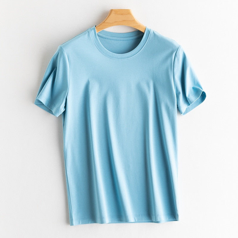 Solid T shirts Silk Cotton Blend Plain O neck Short Sleeved Tee