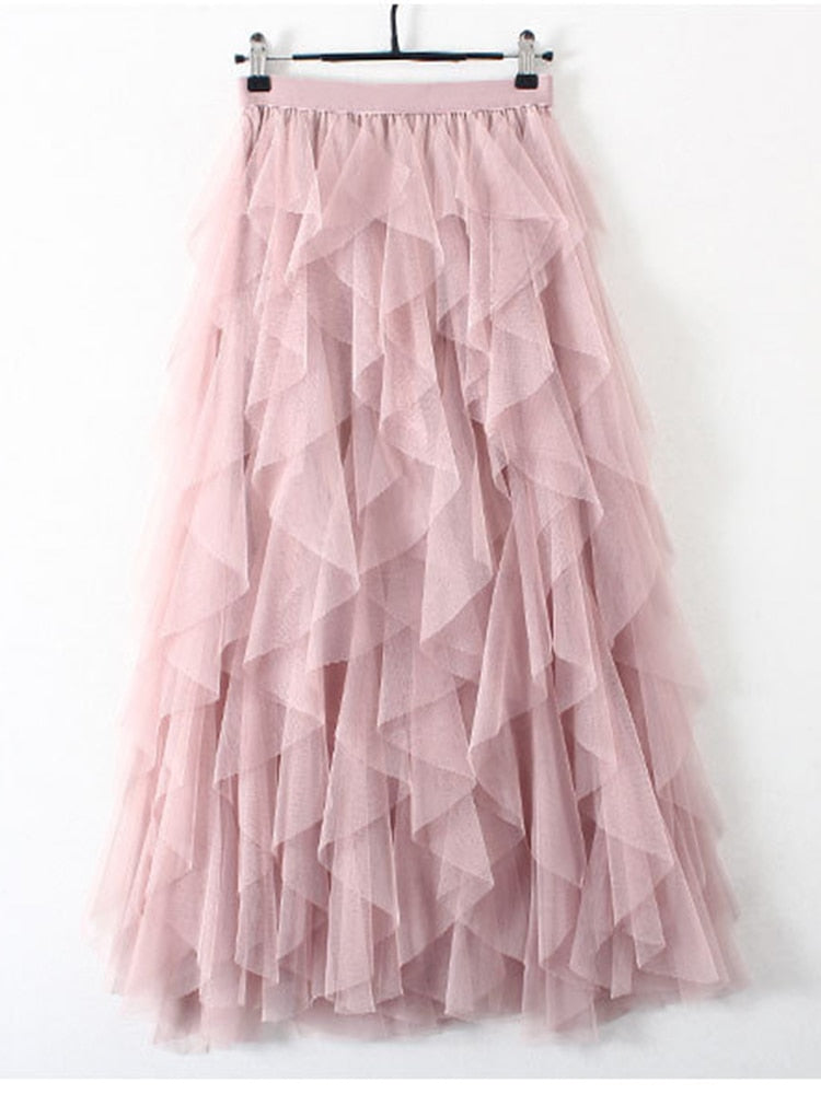 Tutu Tulle Long Maxi Skirt Women Fashion Cute Pink High Waist Pleated Skirt Mesh Female Lady Aesthetic