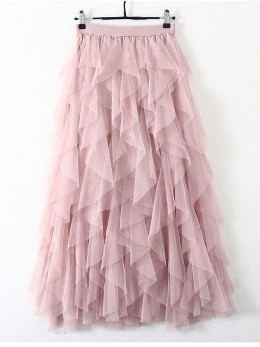 Tutu Tulle Long Maxi Skirt Women Fashion Cute Pink High Waist Pleated Skirt Mesh Female Lady Aesthetic