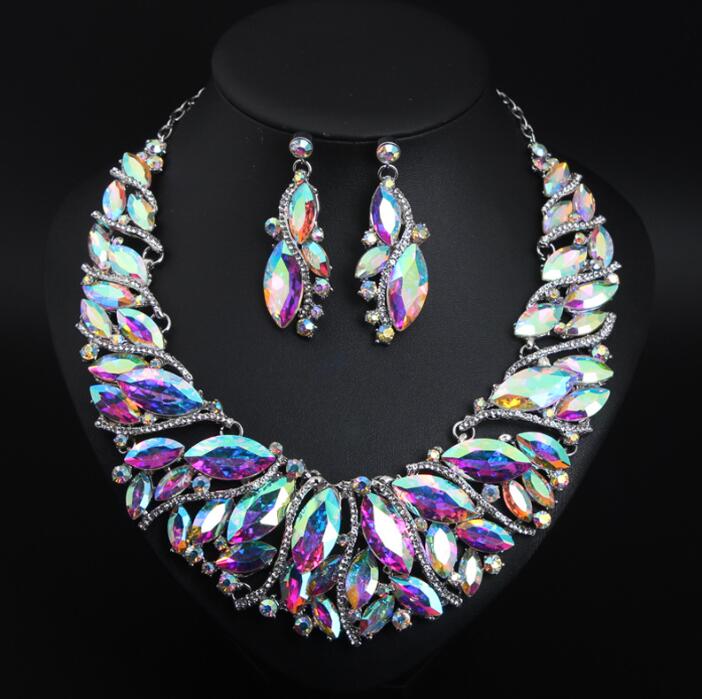 High density alloy glass crystal earrings necklace set electroplated alloy jewelry