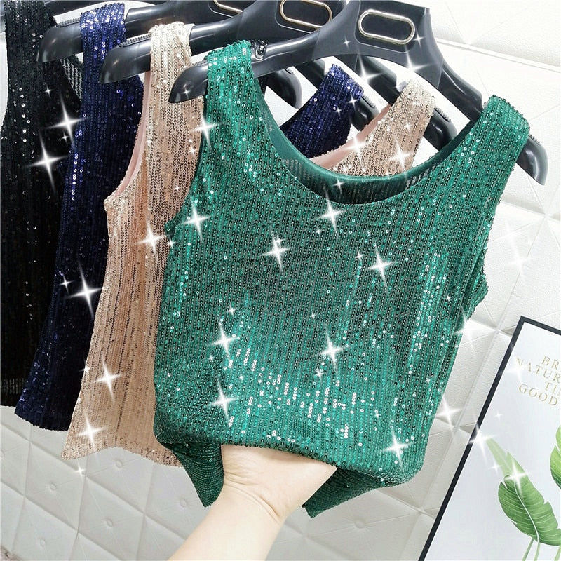 Sparkling Sequins Round Neck Vest  Bright Silk Fashion Glitter Bottoming Shirt Suspender Top