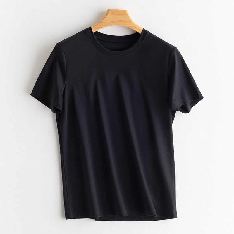 Solid T shirts Silk Cotton Blend Plain O neck Short Sleeved Tee