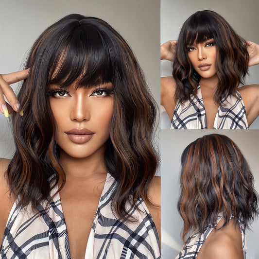 Ombre Dark Brown Synthetic Wigs Short Wavy Bob Wig  with Bangs Body Lolita Natural Hair Heat Resistant