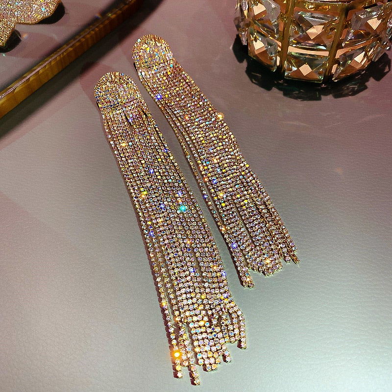 Long Tassel Full Rhinestone Drop Earrings Oversize Crystal Dangle Earrings