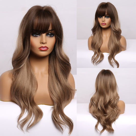 Long Wavy Synthetic Wigs With Long Bangs Natural Hair Wig Heat Resistant Fiber Wig