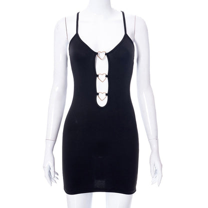 Hollow Out Black Bodycon Woman Dress Camisole Heart Ring Decor Club Sexy Party Dress